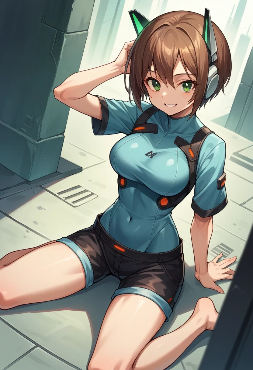 aile_megamanzx, kneeling with one hand on the ground and the other arm raised, 1girl, solo, short hair, brown hair, short sleeves, (bodysuit), robot ears, green eyes, (very_short_shorts:1.3), short_sleeves_short_length_blue_jacket, short over long sleeves, smile, in futuristic city, , high quality, medium_breasts,crotch, slouch,groin,dynamic_angle,