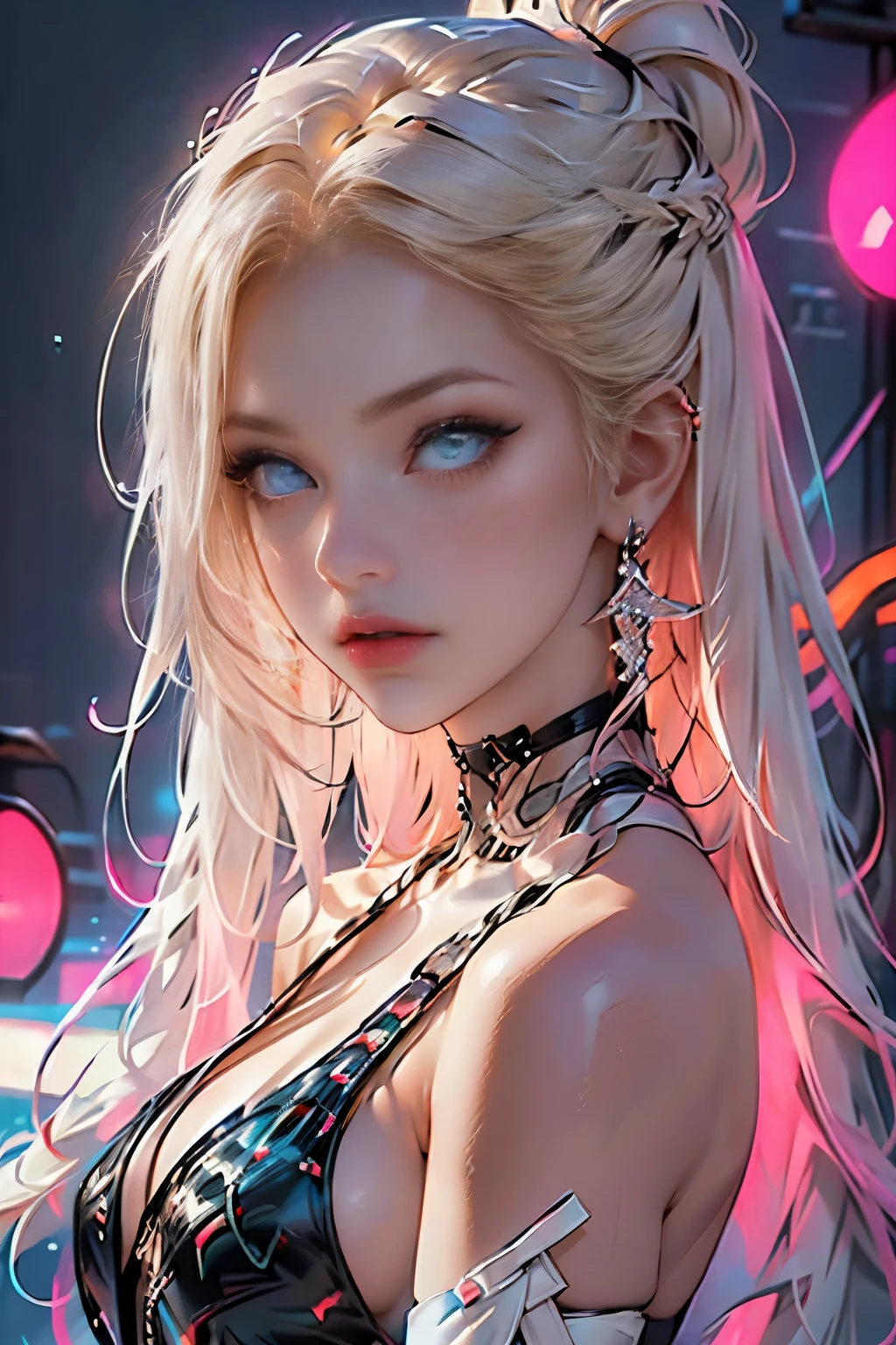 (Masterpiece, Top Quality, Best Quality, Official Art, Beautiful and aesthetic:1.2), (1Girl:1.3), Extremely detailed,(fractal art:1.2),colourfull,highest details,( Zentangle neon:1.2), (Dynamic Pose), (Abstract background neon:1.5), (treditional dress:1.2), (sparkly skin), (many colors:1.4), upper half body ,neons,16 k,Full HD, Blue Eyes, beautidful eyes, extremely detailed eyes and face, Beautiful detailed eyes, Ultra-detailed, light on the face, with long blond hair, Blonde hair, Slim Body, Fair skin, a 18 year old girl,