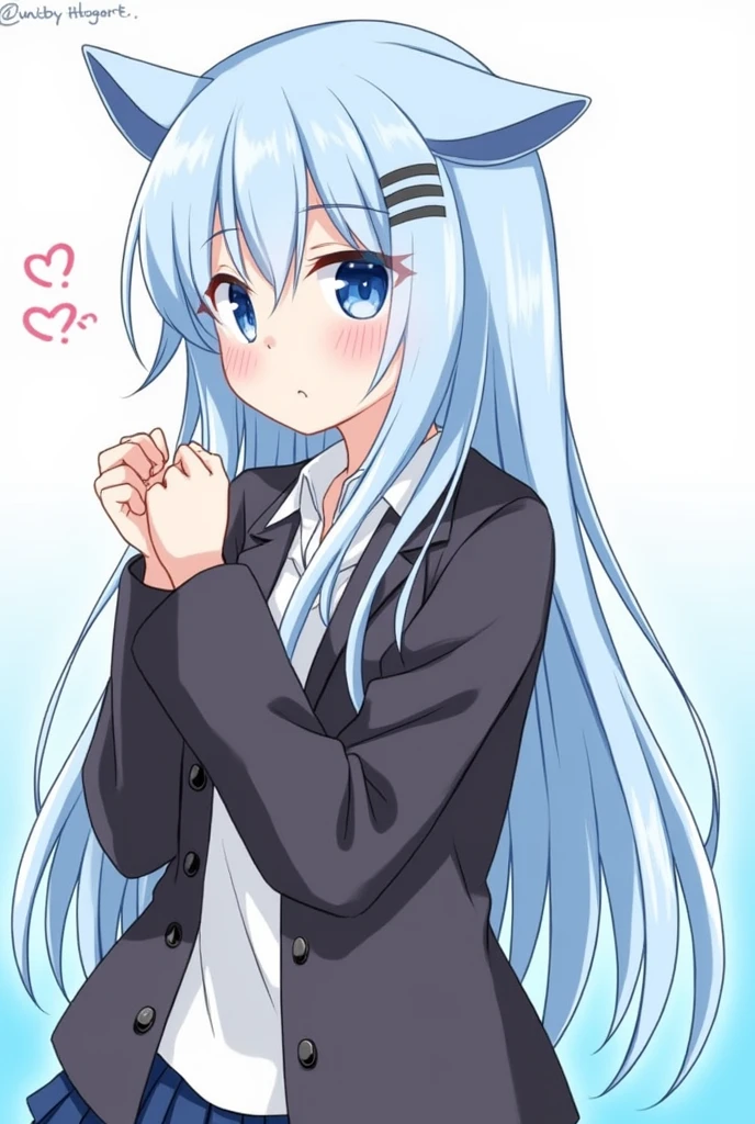  One girl, Animal ears, blue eyes, Long Hair, Blue Hair, Long sleeve, bangs, Cat ear, Focus Only, hair ornaments, Sleeves are longer than the wrist, blush, White Background, collared shirt, Simple Background, shirt, View your viewers, Jacket, black Jacket, One side up, Hair between the eyes, Slope, ;3, Slope background, Blue background,In heat,Ecstatic expression,beautiful girl, Close your mouth, Heart symbol on background, High School Uniform, skirt