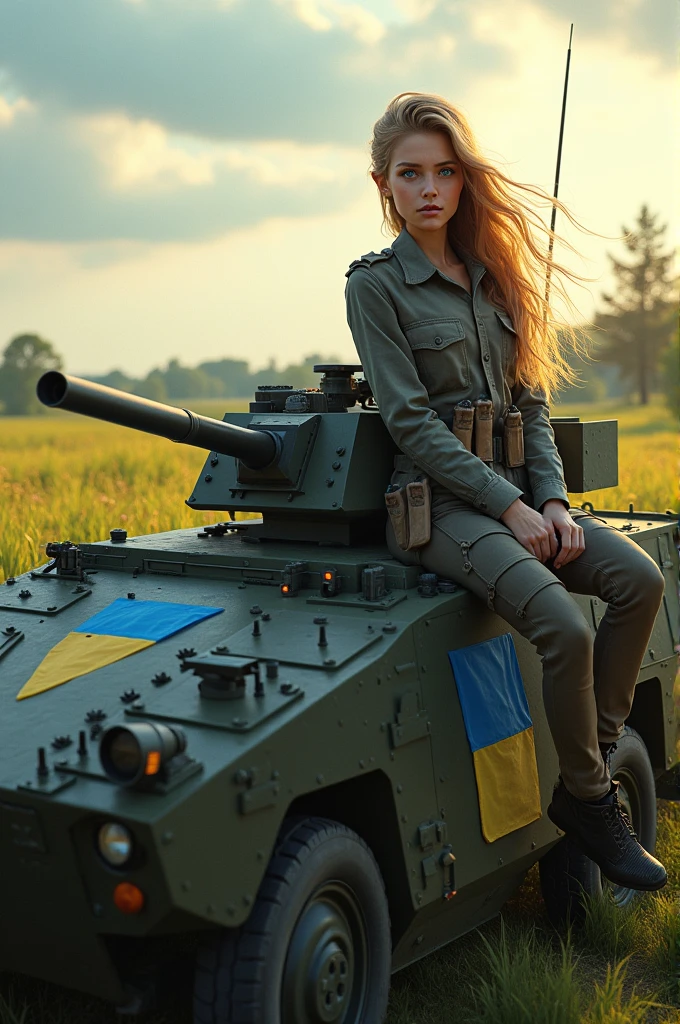 a girl with blue eyes and long blond hair sits on an infantry fighting vehicle. This girl has beautiful military equipment with Ukrainian symbols. We will put a triangle sign on the Infantry Fighting Vehicle, and the Ukrainian flag is also on this vehicle. All this happens against the backdrop of a beautiful field, on a bright sunny day