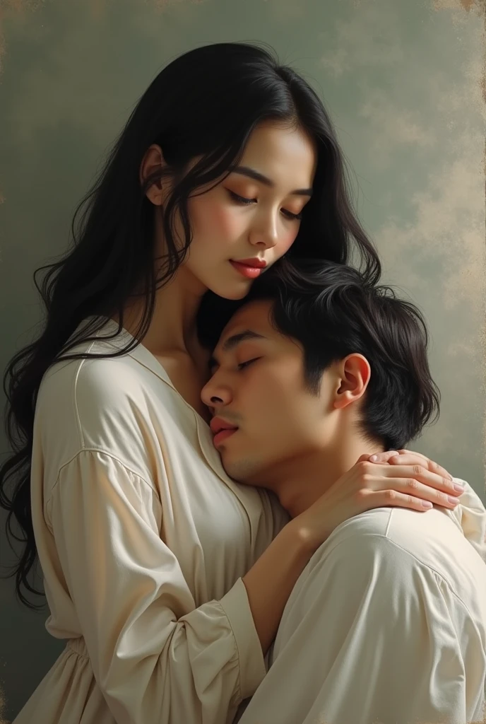 Create a painting of a beautiful girl with long, nud flowing black hair. She should have a serene and gentle expression that reflects her kindness and beauty. In the painting, show her sitting comfortably while supporting and caring for man love The other figure, who is resting their head on her lap, should convey a sense of trust and reliance, highlighting the depth of their connection. The overall mood of the painting should be tender and intimate, emphasizing the nurturing and supportive bond between them."