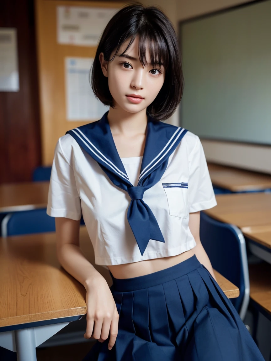 (masterpiece:1.2), Very detailed, Ultra-high resolution, (Realistic, photo Realistic:1.6), High-resolution RAW color photos, Professional photos, Sharp focus:1.2, (Very detailed顔と肌の質感, Very beautiful eyes, Glossのある肌, Glowing Skin, Glowing Skin, Shining Face, Gloss, Oily skin, greasy face, Oily skin, greasy face,),, (real Glossのある肌 texture), Perfect Anatomy, Very detailed背景,(High school classroom at night),(1 female),25-year-old woman, Japanese women,height: 168cm,(short hair, Straight hair, bangs, Brown Hair),((Flat Chest:1.6)),(Slim, thin legs), ((((Short Sleeve White Sailor School Uni形状、Navy blue pleated skirt:1.5、A perfectly detailed bra covered by a sailor suit、Perfectly detailed T-panties under skirt))),(sit at a desk with your knees up:1.4)、(((Sailor suit opened:1.4)))