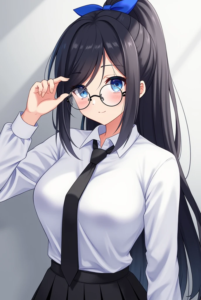 (High quality, 8ก, 4K, high contrast, Masterpiece:1.2, 最High quality, The best aesthetics ), beauty, very detailed, Sexy and erotic girls, (large breasts, long black hair , High ponytail , I have a lifted forehead. , Brush your hair over one eye. , Blue hair bow , blue eyes ) , Girl 1 , white shirt , black skirt , Black tie , Wear round glasses , Height 166 , Gentle face