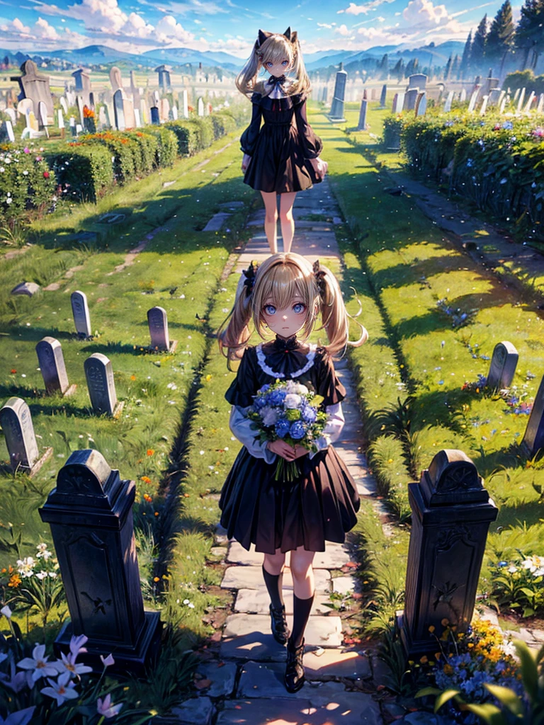 masterpiece,(bestquality),highlydetailed,ultra-detailed,1girl,(golden,glowingeyes:Blue,:1.2,elongatedears:0.8),(Black dress),(Gravestones on a hill in a vast grassland)（Gravel path leading to the cemetery）,（💐💐Place the bouquet:1.5）（Grave）(panorama:1.2)（Blonde twin tails:1.5）（Walking with one&#39;s back to the grave）look up, キャラのprofile, （Angle from below、profile:1.8）
