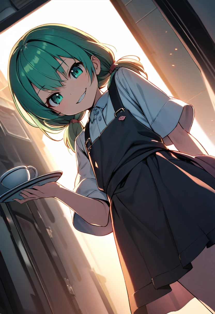 ((little girl)), ((petite)), ((teenage)), ((young girl)), ((young age)), ((10 year's old)), short pig tail, low twintails, Teal green hair,waitress,hold a dish in one's hand,smirk,evil grin, dynamic angle, from below
