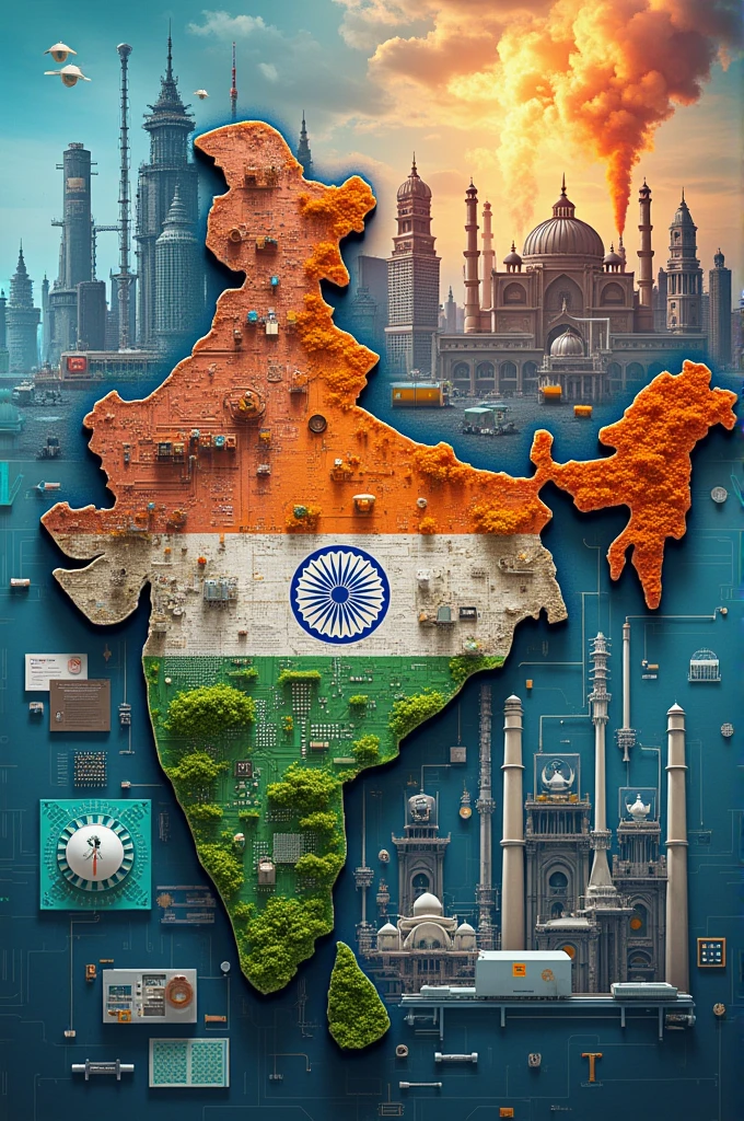 create a collage on modern india's advancement in technology, education and industry
