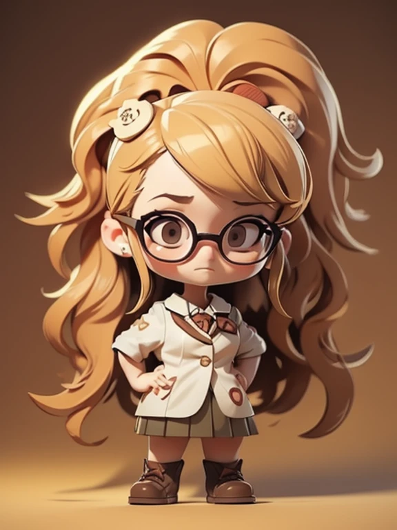 junkodg, ((chibi)), big head, focus face, flat avatar, (masterpiece:1.2, highest quality), (Realistic, photoRealistic:1.4), Beautiful illustrations, (Natural Side Lighting, Cinema Lighting), Written boundary depth, Beautiful thighs staring at the viewer, 1 female, 20-year-old, alone, thin, slender, (small breasts), long Hair, Curly Hair, Forehead, Forehead, Forehead, Forehead, thin, slender, glasses, blouse, sexy pencil skirt, Are standing