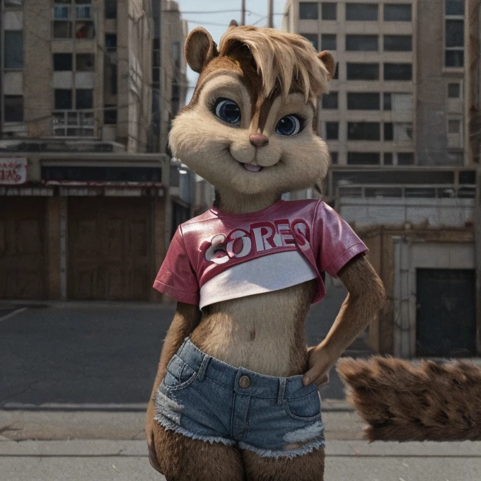 score_9, score_8_up, score_7, score_6, street, brittany miller, chipmunk, furry, short ears, white top, pink leather, jean shorts, looking at viewer, 6 inches tall
