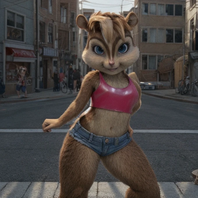 score_9, score_8_up, score_7, score_6, street, brittany miller, chipmunk, furry, short ears, white top, pink leather, jean shorts, looking at viewer, 6 inches tall