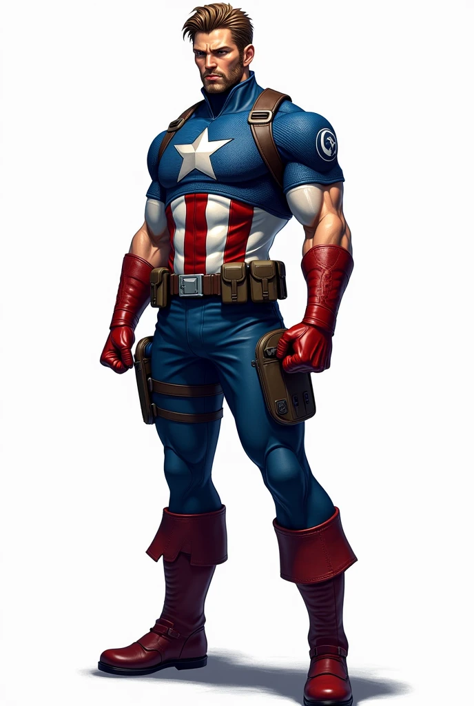 drawning, bright coloured, Creative fusion of the characters Chris Redfield and Captain America, white background, fully body 