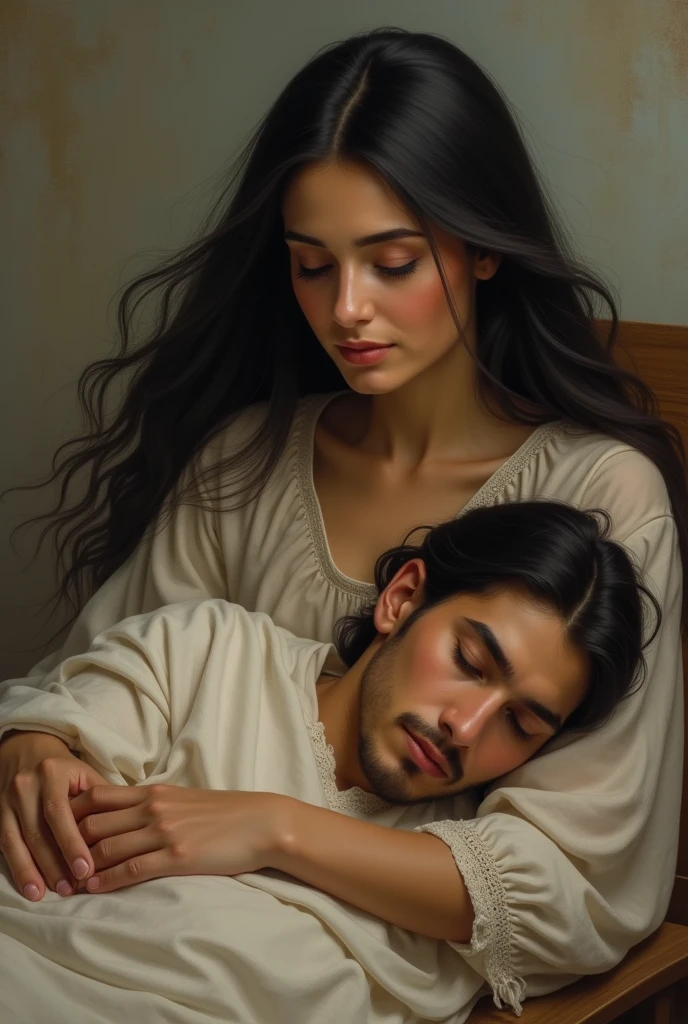Create a painting of a beautiful girl with long, nude flowing black hair. She should have a serene and gentle expression that reflects her kindness and beauty. In the painting, show her sitting comfortably while supporting and caring for man love The other figure, who is resting their head on her lap, should convey a sense of trust and reliance, highlighting the depth of their connection. The overall mood of the painting should be tender and intimate, emphasizing the nurturing and supportive bond between them."