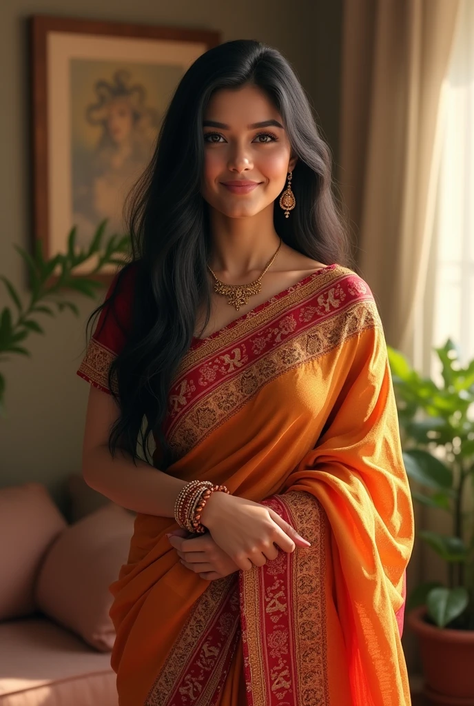 beautiful healthy woman, standing looking at you , wearing indian saree, black hair, indoors, bright lighting, cozy room, relaxed pose, realistic, intricate details, warm colors,