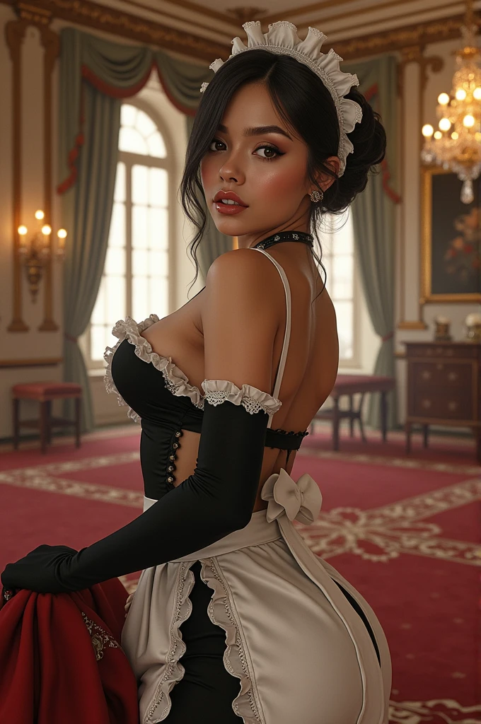 Busty girl wearing maid outfits inside a mansion