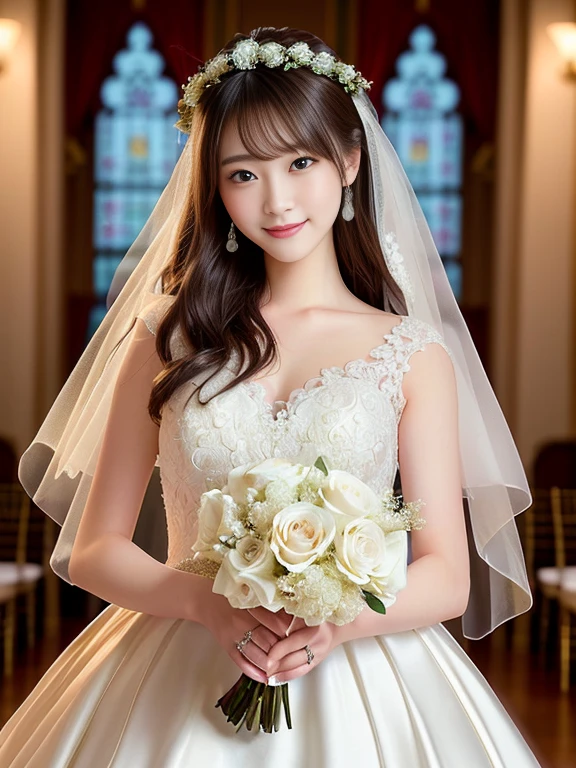 Photo-realistic quality、a woman in a Wedding dress holding a bouquet of flowers、20 year old Japanese model、白のWedding dress,Hanae Mori style wedding dress、lace prom dresses、looking at the camera、Detailed and beautiful eyes、Cute smile、Relaxed and gentle expression、a close up of a woman in a Wedding dress holding a bouquet, Wedding dress, So magical and dreamy