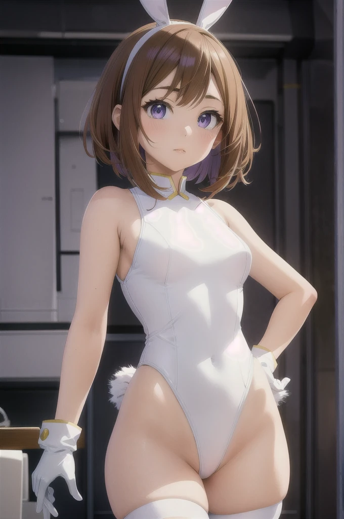 Ochaco Uraraka, 1girl, anime, hair cafe, sexy, big aass (best quality: 1.3), (4K quality), best quality, high resolution, detailed, (detailed face: 1.2), (detailed eyes: 1.2), ( Figure perfect: 1.2), looking at viewer, (1 girl), boku no hero academia, bunny ears, woman)), sleeveless, white gloves, white leotard, fur collar, purple thighs, white background, white leotard,Costume by mirko