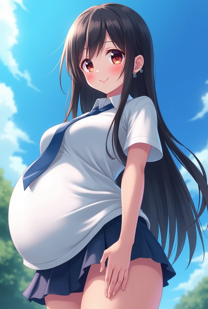 score_9, score8_up, (masterpiece:1.5), uhd:1.3, 16k, RAW photo, highly detailed, intricately detailed, ultra realistic, stunning beautiful girl, (Highest quality, Very detailed, Attention to detail, digital coloring, Best aesthetics), ((1 girl)), Black Hair, Straight Long Hair, Reddish brown eyes, Earrings, Collared shirt, Blue tie, smile, blush, JK, School uniforms, Friendly atmosphere, Beautiful illustrations, (((Low angle shot from below, Spanning the audience))), blue sky, Light, One Girl, Beautiful and well-defined legs and thighs, Highest quality, close, Super fine, huge belly, massive belly, enormous belly, gigantic belly