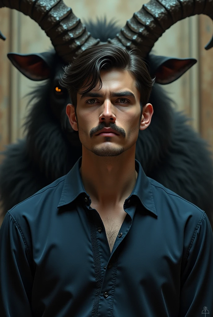 Young man with mustache wearing long dark blue dress shirt, with the figure of baphomet in the background