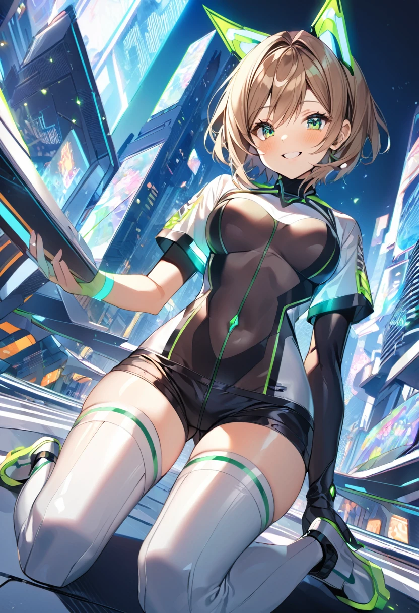 aile_megamanzx, kneeling with one hand on the ground and the other arm raised, 1girl, solo, short hair, brown hair, short sleeves, (bodysuit), robot ears, green eyes, (very_short_shorts:1.3), short sleeves, short over long sleeves, smile, in futuristic city, , high quality, medium_breasts,crotch, slouch,groin,dynamic_angle