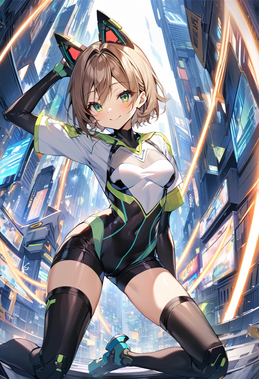 aile_megamanzx, kneeling with one hand on the ground and the other arm raised, 1girl, solo, short hair, brown hair, short sleeves, (bodysuit), robot ears, green eyes, (very_short_shorts:1.3), short sleeves, short over long sleeves, smile, in futuristic city, , high quality, medium_breasts,crotch, slouch,groin,dynamic_angle