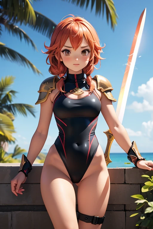 a bit, Warrior Girl, Black high leg swimsuit, sword,armor、Natsu