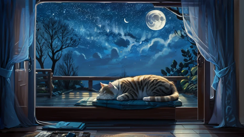 Cat sleeping under the dim moonlight