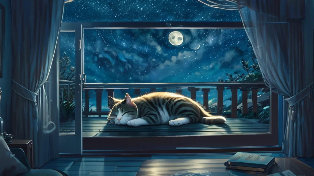 Cat sleeping under the dim moonlight