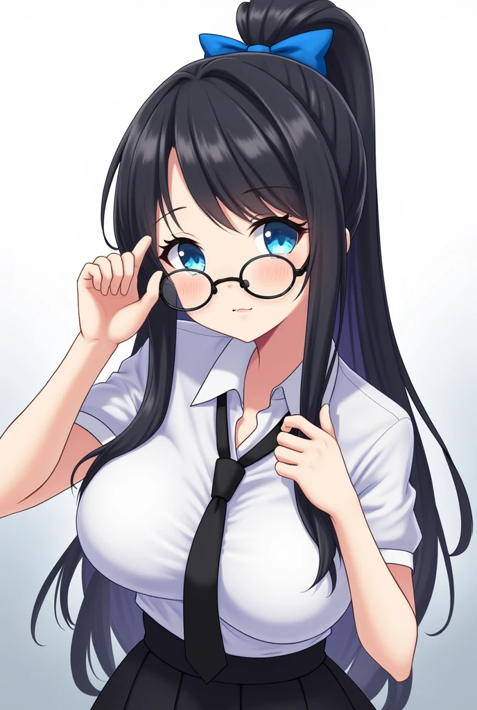 (High quality, 8ก, 4K, high contrast, Masterpiece:1.2, 最High quality, The best aesthetics ), beauty, very detailed, y and erorls, (large breasts, ack hair , High ponytail , I have a lifted forehead. , Brush your hair over one eye. , Blue hair bow , blue eyes ) , Girl 1 , white shirt , black skirt , Black tie , Wear round glasses , Height 166 , Gentle face