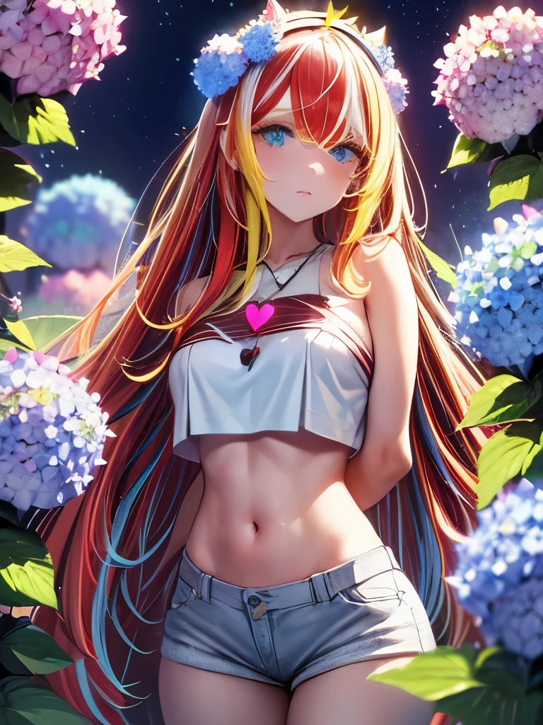 4K, June scenery, Beautiful woman, Long Hair, Brown Hair, Medium chest, blue eyes, White shirt, hot pants, Neon Red Heart Necklace, View your viewers, night, (Multicolored hydrangea: 1.5)