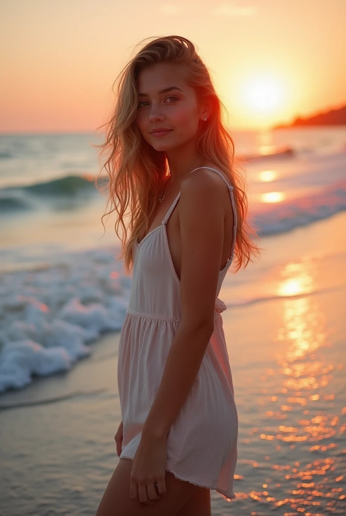 Beautiful face,no bra,reflection, she is beautiful young woman, waves crash on the shore as the sun sets on the beach. A young and beautiful girl poses for the camera with a peaceful smile. The casual summer dress suits her well. It hugs her slim waist and body. The red rays of the sun are reflected in her beautiful eyes. A very realistic picture. Hdr. Full body, barefoot