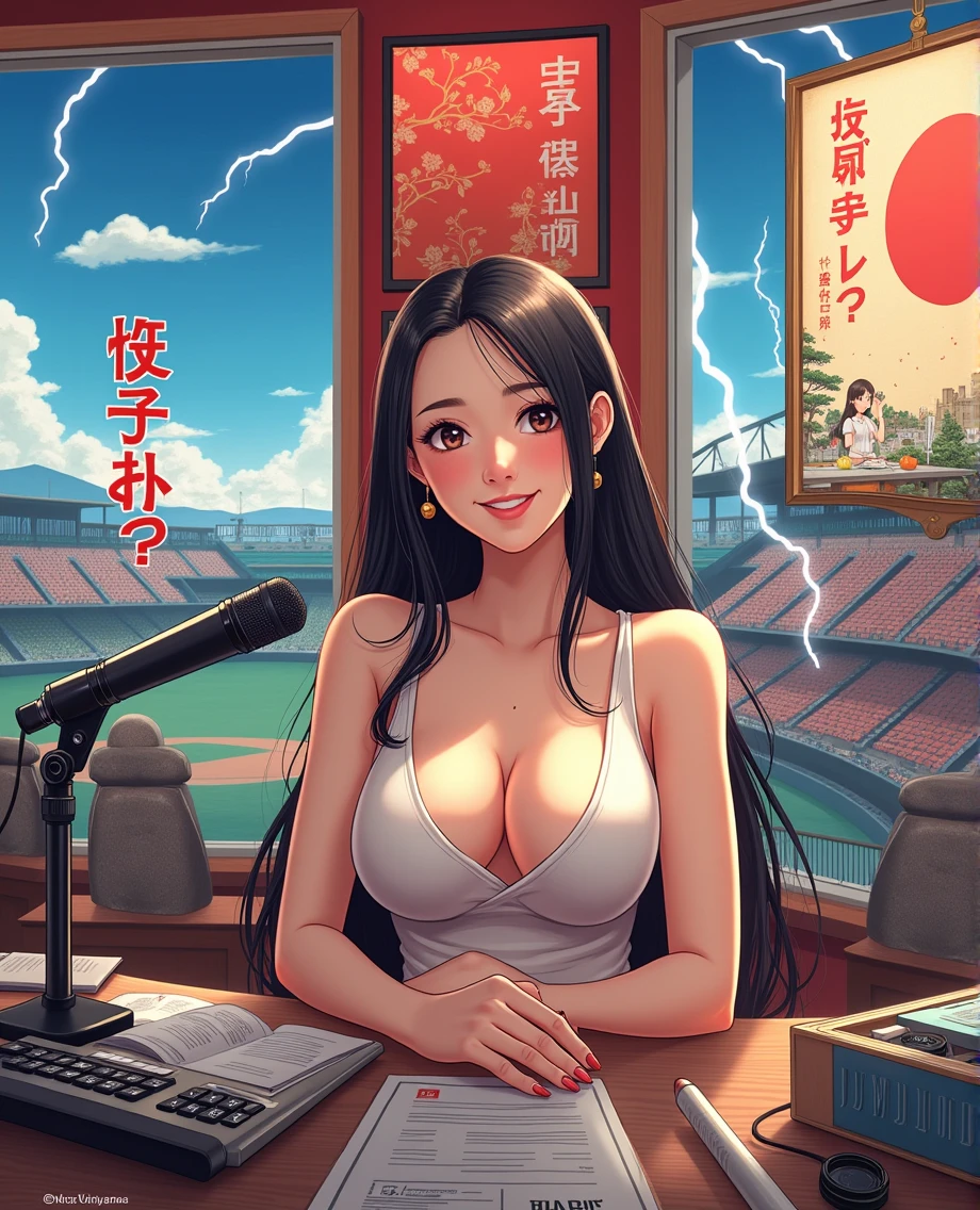 adult video poster layout, text on screen: "female announcer Shocking AV debut!!", big breasted female porn actor, dynamic pose, happy expression, pure beautiful smile, intelligent face, slender curves, large breasts, (((DVD mark, Blu-ray mark))).Woman sitting at a desk in front of a microphone, Instagram, Shinhanga, baseball stadium during a game, bright atmosphere, Tokyo Dome, covered!!, official media, Akira Toriyama, lightning!!