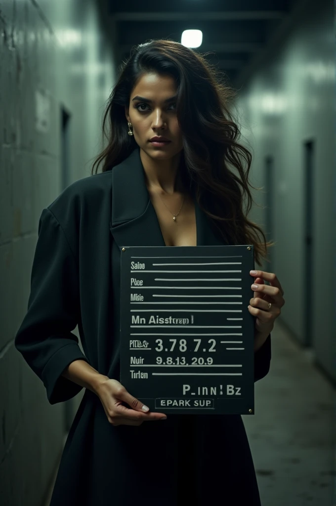 Deepika Padukone holding prison mugshot board facing sideways