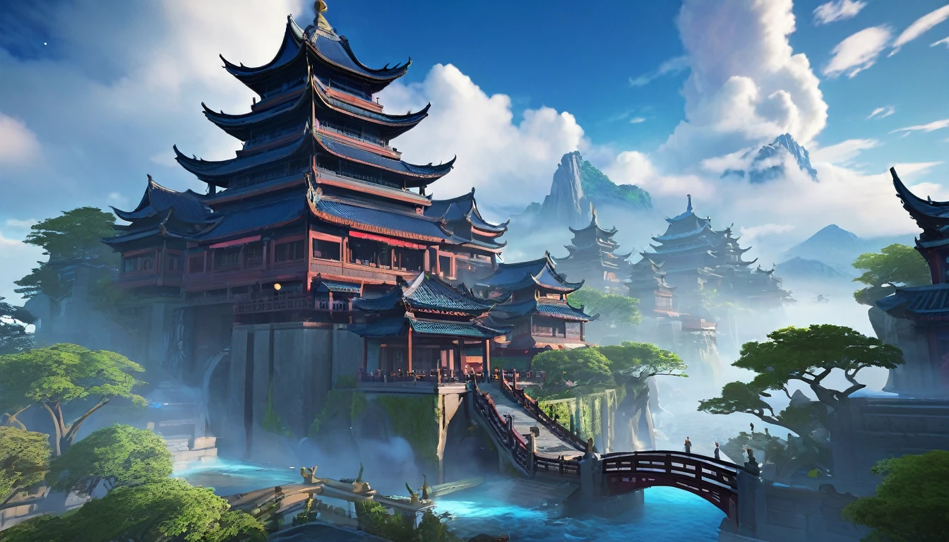 There is a Chinese-style building in the middle of a small island, Game concept art, Final Fantasy Vll World Concept, 2. 5D CGI anime fantasy artwork, Concept World Art, Beautiful concept art, dota matte concept art, Concept Art Wallpaper 4K, conceptartworld, Matte Mystery Dota Pixar, Fantasy concept art, League of Legends concept art ,Ultra-high resolution (Fidelity: 1.4), Ultra-high quality, Extremely detailed CG unity 8k wallpaper, aesthetics, Award-winning photography, True high detail, Look up at the composition,Detail improvements, Remove blur, complex, The art of travel. Visually stunning. Beautiful city pixels, Blue Hour Photography, Spectacular clouds, Fantasy Clouds.