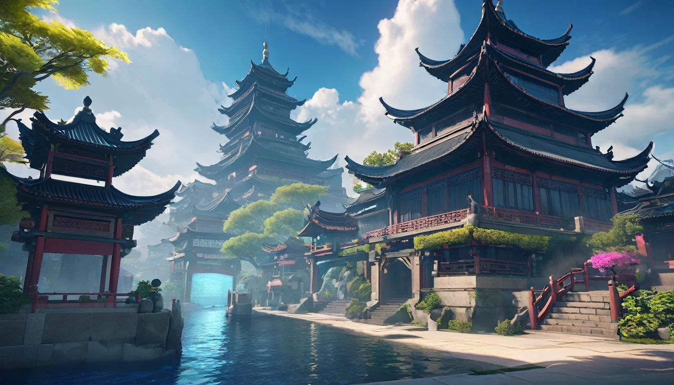 There is a Chinese-style building in the middle of a small island, Game concept art, Final Fantasy Vll World Concept, 2. 5D CGI anime fantasy artwork, Concept World Art, Beautiful concept art, dota matte concept art, Concept Art Wallpaper 4K, conceptartworld, Matte Mystery Dota Pixar, Fantasy concept art, League of Legends concept art ,Ultra-high resolution (Fidelity: 1.4), Ultra-high quality, Extremely detailed CG unity 8k wallpaper, aesthetics, Award-winning photography, True high detail, Look up at the composition，Detail improvements, Remove blur, complex, The art of travel. Visually stunning. Beautiful city pixels, Blue Hour Photography, Spectacular clouds, Fantasy Clouds.