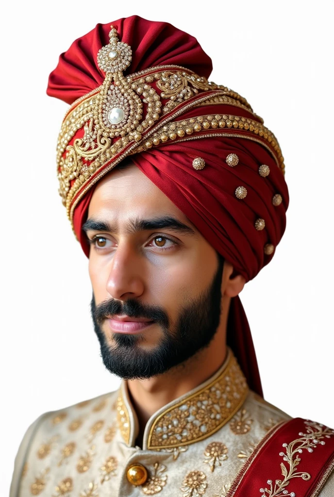 "Create a detailed digital image of a traditional Pakistani wedding Kula (turban) for a groom. The Kula should be elaborately designed with rich textures and intricate patterns, reflecting cultural elegance. The fabric should be luxurious, perhaps in shades of gold, deep red, or white, adorned with embellishments like pearls, gemstones, or embroidery. The shape should be regal with a slightly curved peak. I need only the Kula itself with a transparent (PNG) background."