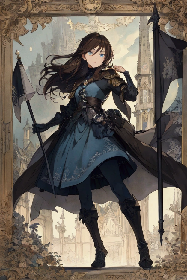 (Masterpiece), ((Highest Quality)),(Official Art),Dark cynicism:1.2),(1boy: 1.3), A 19 years old flagbearer with long dark brown hair, blue eyes, clad in dark military uniform, holding a flag and a rapier. Full body. Detailed drawing. Detailed eyes. Masculine jaws. Detailed banners and flags. Soft fairytale picture Arthur Rackham style. Colorful, best detailed ((super detailed)), (highly detailed 2D anime boy illustration), ((dark and beautiful))