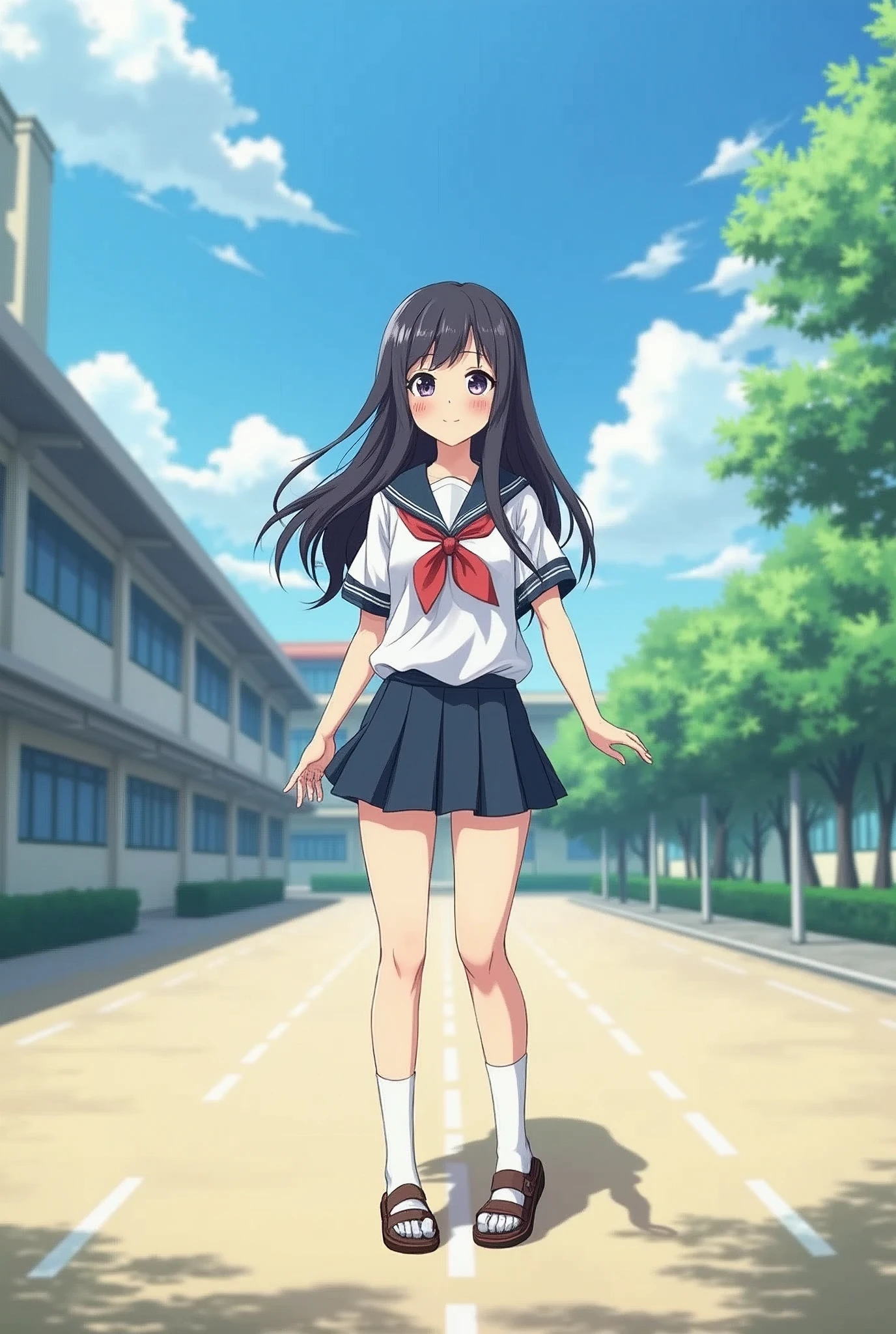 Standing in an empty schoolyard、Summer clothes、Anime Style、Long black hair、mini skirt、Cute Face、Smiling、Full body portrait