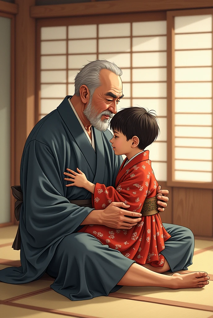 Father and son in kimono on the mat