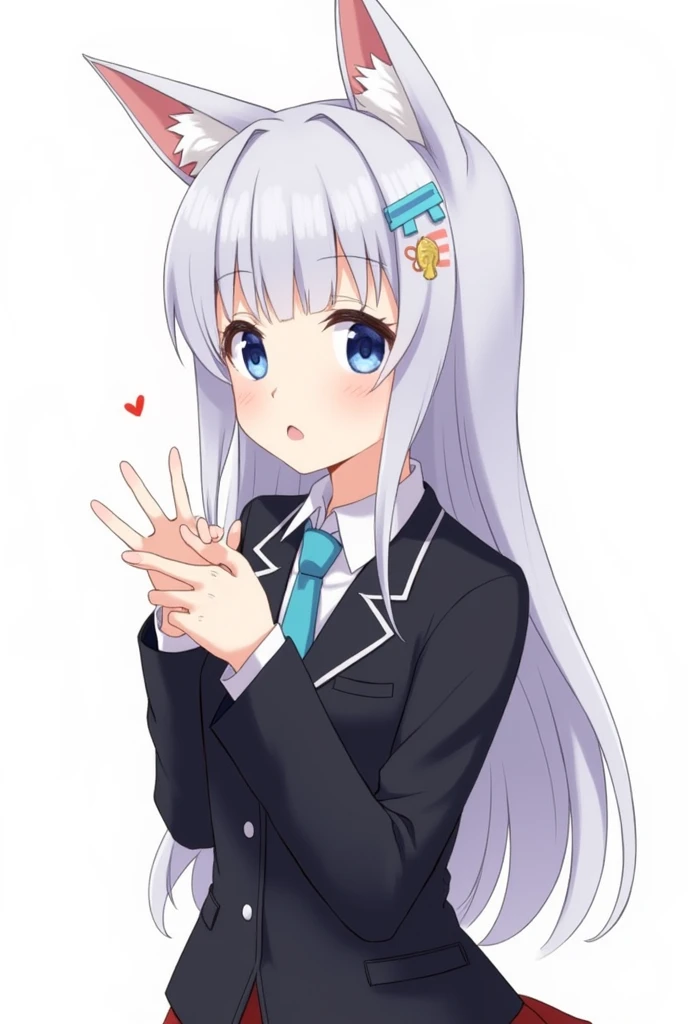  One girl, Animal ears, blue eyes, Long Hair, Blue Hair, Long sleeve, bangs, Cat ear, Focus Only, hair ornaments, Sleeves are longer than the wrist, blush, White Background, collared shirt, Simple Background, shirt, View your viewers, black jacket, One side up, Hair between the eyes, Slope, ;3, Slope background,In heat,Ecstatic expression,beautiful girl, Close your mouth, Heart symbol on background, High School Uniform, skirt,blazer
