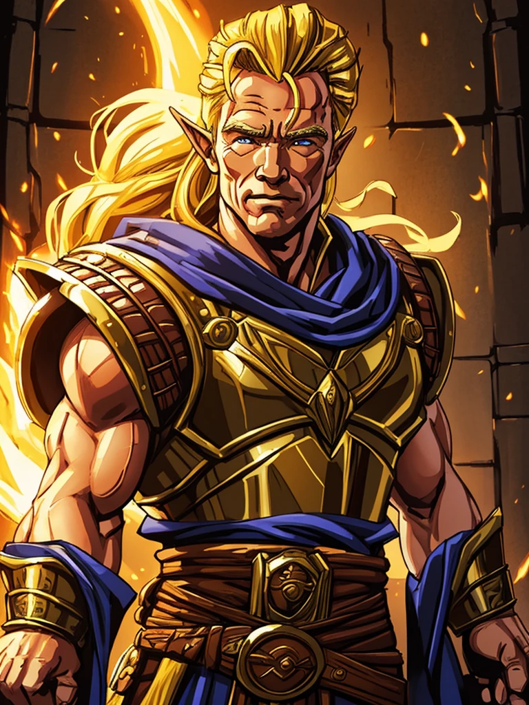 portrait of blonde arnold schwarzenegger as an dnd elf, long ears, viking, fantasy dungeons-and-dragons, breastplate and alien-robes, calm happy wise, super saiyan power (portrait of one person)