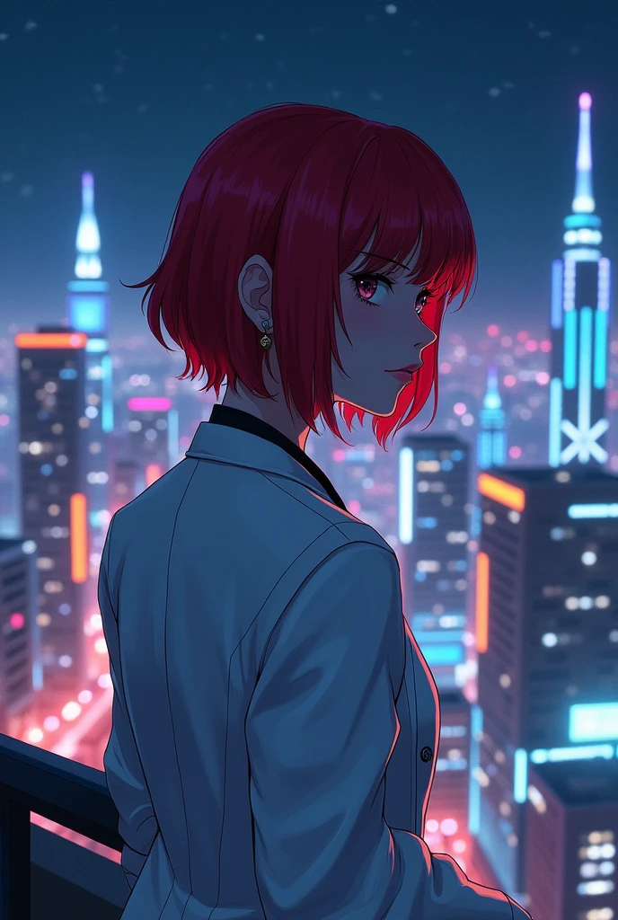 A woman inspired by the character Makima, with red hair and bangs, wears a white scientist coat. She is on a hotel balcony in the center of a futuristic city., at night. The sky is starry, and below it, illuminated skyscrapers and colorful neons create a vibrant atmosphere. Ela olha para o horizonte, thoughtful, reflecting. Soft lighting highlights your face, blending the brightness of the stars and the city lights into a scene of mystery and contemplation.