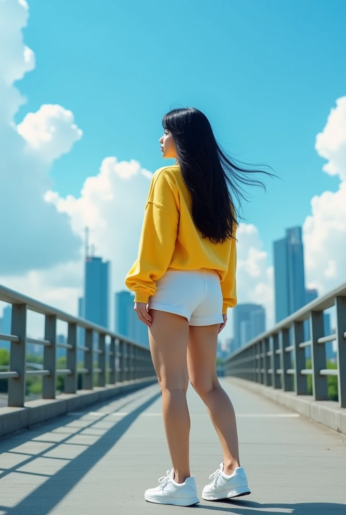beautiful Ukrainian profesional potrait, there is an curve Asian woman with long black hair, wearing a yellow sweater, white shorts and white New Balance shoes, walking bridge with her back to the camera, looking out over a cityscape under a bright blue sky.