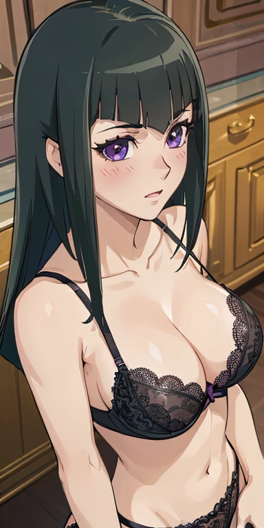 1 Female,High definition,high resolution,Ultra-realistic,8K,CC, 1girl, black hair,large hair, purple eyes,European,sexy,Upper body close-up,Photographed from the front,Dynamic Angles,private teacher,blush, huge tits, nipples ,show  ,(black lace bra),(black lace panties),(top view),(selfie)