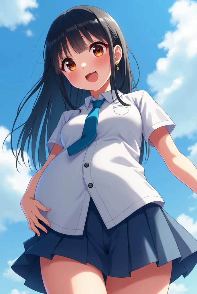 score_9, score8_up, (masterpiece:1.5), uhd:1.3, 16k, RAW photo, highly detailed, intricately detailed, ultra realistic, stunning beautiful girl, (Highest quality, Very detailed, Attention to detail, digital coloring,  Best aesthetics), ((1 girl)), Black Hair, Straight Long Hair, Reddish brown eyes, Earrings, Collared shirt, Blue tie, smile, blush, JK, School uniforms, Friendly atmosphere, Beautiful illustrations, (((Low angle shot from below, Spanning the audience))), blue sky, Light, One Girl, Beautiful and well-defined legs and thighs, Highest quality, close, Super fine, huge belly, massive belly, enormous belly, gigantic belly, morbidly big belly, massive belly, big fat belly
