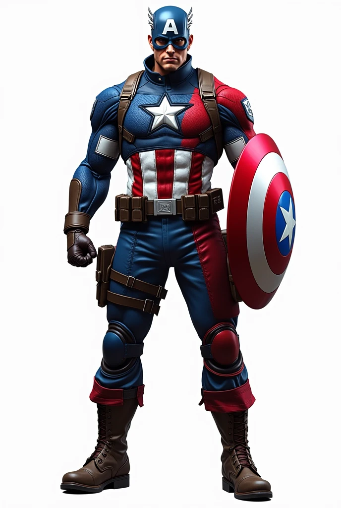 drawning, bright coloured, Creative fusion of the characters Chris Redfield and Captain America, original style clothes from Resident Evil 1, white background, fully body