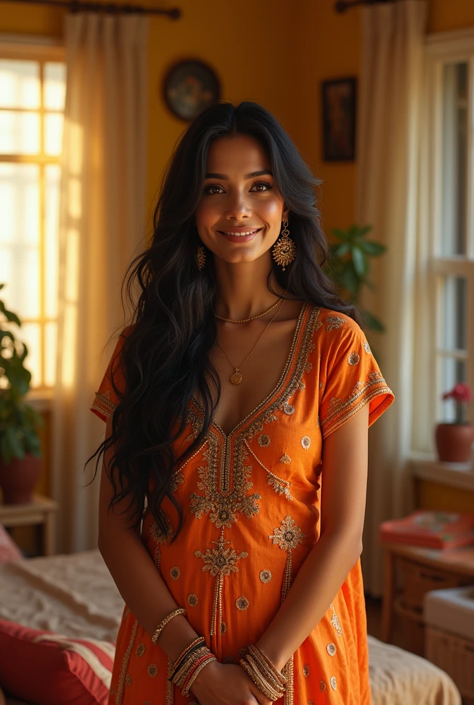 beautiful healthy woman, standing looking at you , wearing indian dress, black hair, indoors, bright lighting, cozy room, relaxed pose, realistic, intricate details, warm colors,