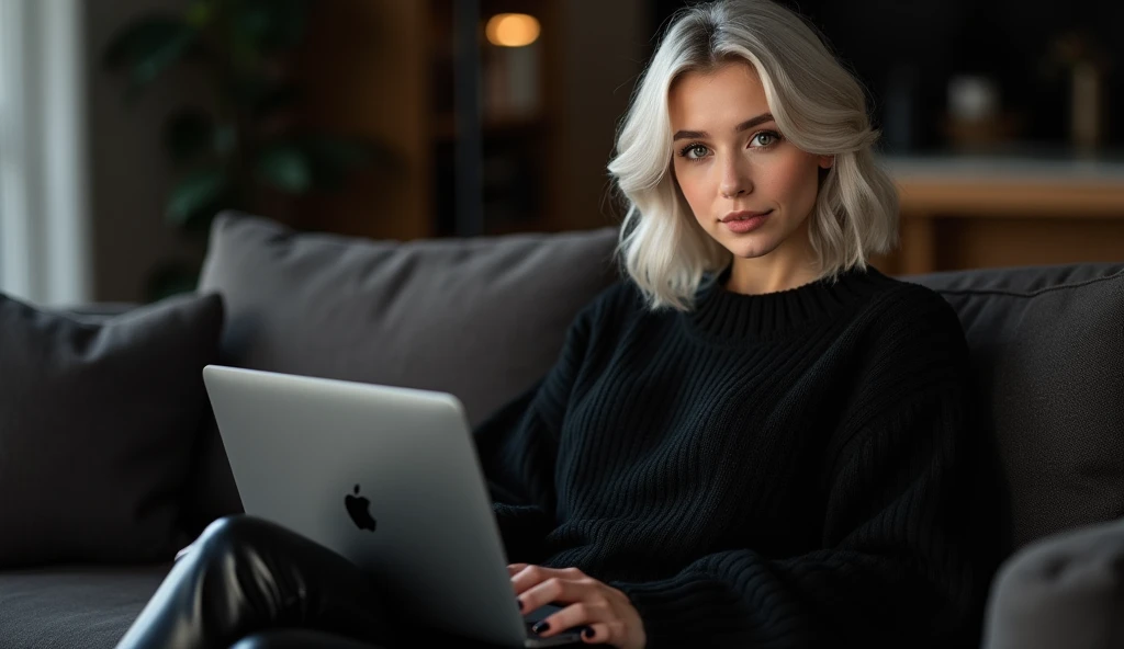 Beautiful white-skinned girl, blonde gray hair, with bright sparkling eyes, detailed eyes, high definition, Shiny skin, Beautiful black manicure, Beautiful nails, pearl skin, Holding a laptop in his hands, in a black knitted voluminous sweater and black leather pants, Beautiful detailed fingers, professional photo, 4K, a high resolution, high detail, aesthetically pleasing, Beautiful, realistic, looking straight ahead, beautiful long black nails, sitting on a sofa against the backdrop of a dark living room.