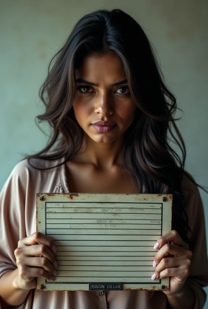 Priyanka Chopra holding prison mugshot board facing to the left