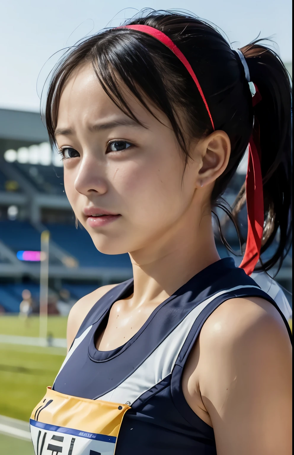 (Highest quality, masterpiece), (Beautiful 11 year old Japanese girl), (freckles:0.6), ponytail,  Track and field athlete,Grimacing、Frowning、Crying face、Sweaty、despair、fear、