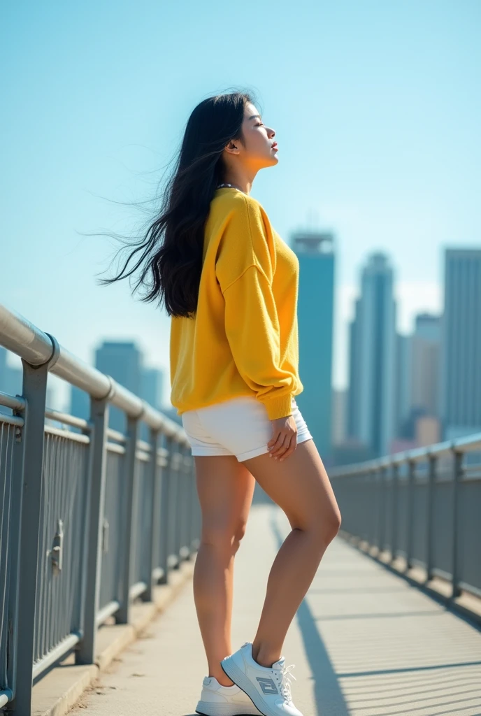 beautiful Ukrainian profesional potrait, there is an curve Asian woman with long black hair, wearing a yellow sweater, white shorts and white New Balance shoes, walking bridge with her face to the camera, looking out over a cityscape under a bright blue sky.