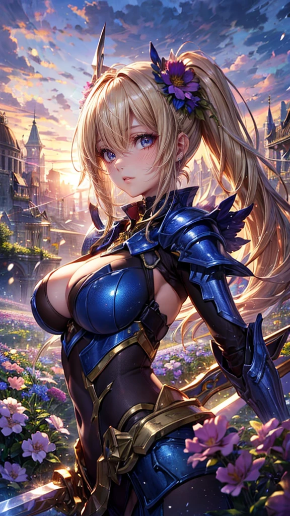 masterpiece,(bestquality),highlydetailed,ultra-detailed,1girl,(mechanicalknight:golden,glowingeyes:Blue,goldenrarmor:1.2,elongatedears:0.8),(weapon:Holyblade),(fantasylandscape:1.2,natural lighting:1.5,confidentexpression),(panorama:1.2),mecha, smile,angle、mechanical booster unit,chrome,raw(Blonde twin tails:1.5)(Mysterious flower field in summer:1.6)(Blooming flowers、Fluttering Flowers)(Wields a huge holy sword:1.4)(Jeanne d'Arc:1.2)(Giant Swordを装備:1.5)(Holding a sword:1.8)(Giant Sword:1.5)